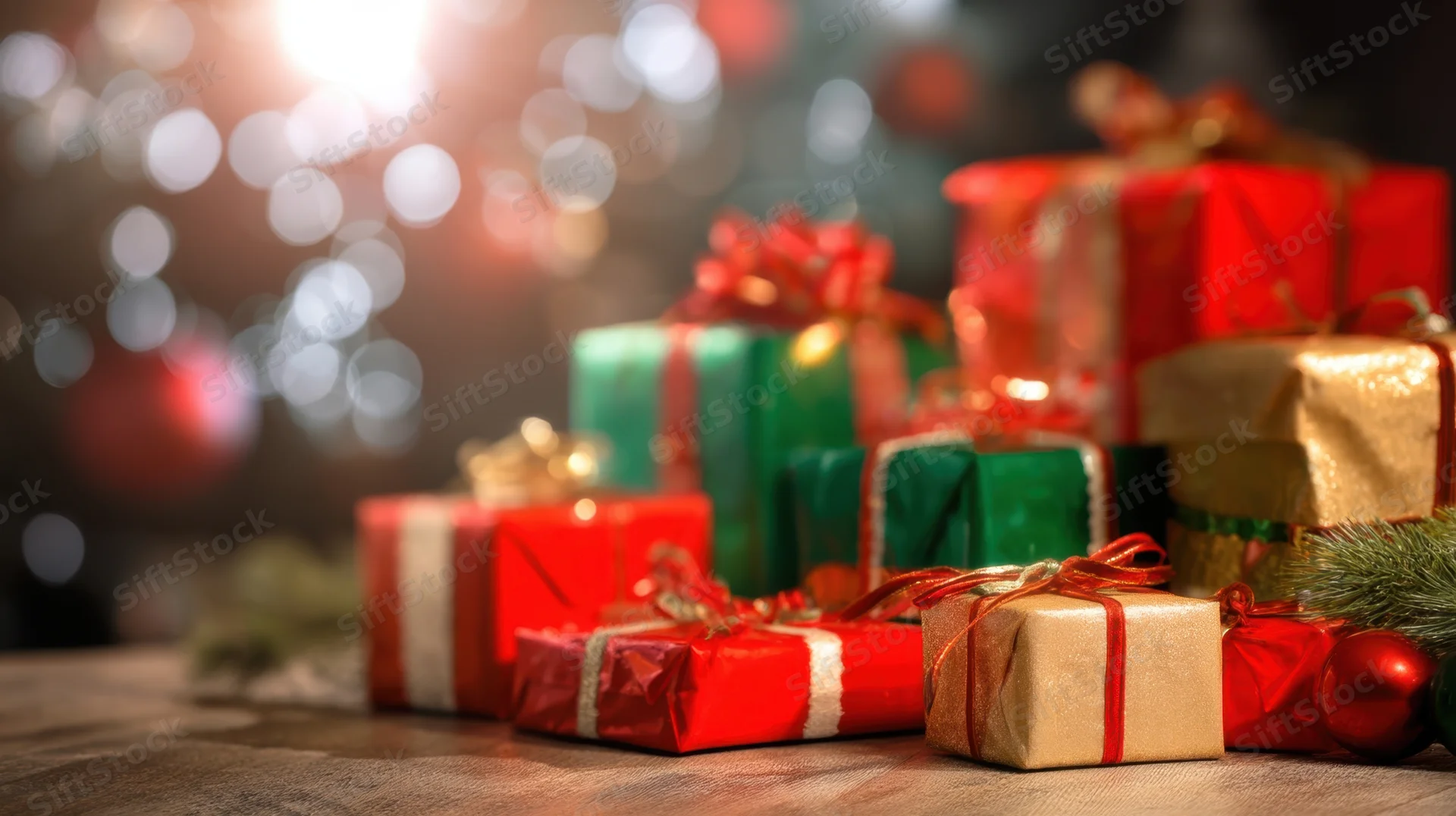 Wrapped christmas gifts in red green and gold on wooden table with blurred lights in background