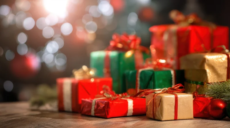 Wrapped christmas gifts in red green and gold on wooden table with blurred lights in background