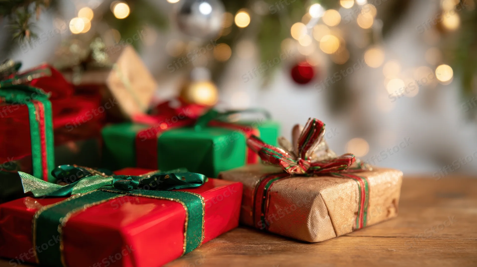Wrapped christmas gifts on wooden table with blurred tree lights in background