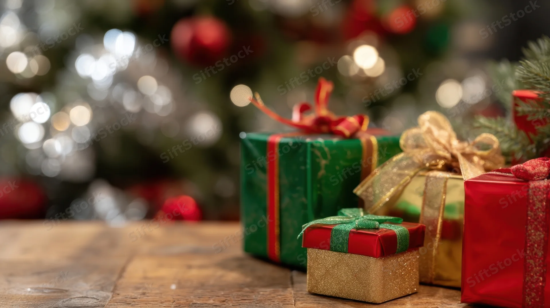 Wrapped christmas gifts on wooden table with decorated tree in background