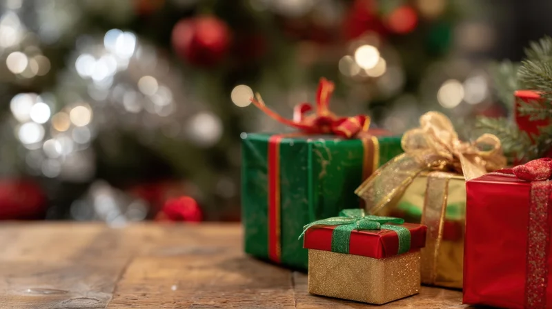 Wrapped christmas gifts on wooden table with decorated tree in background