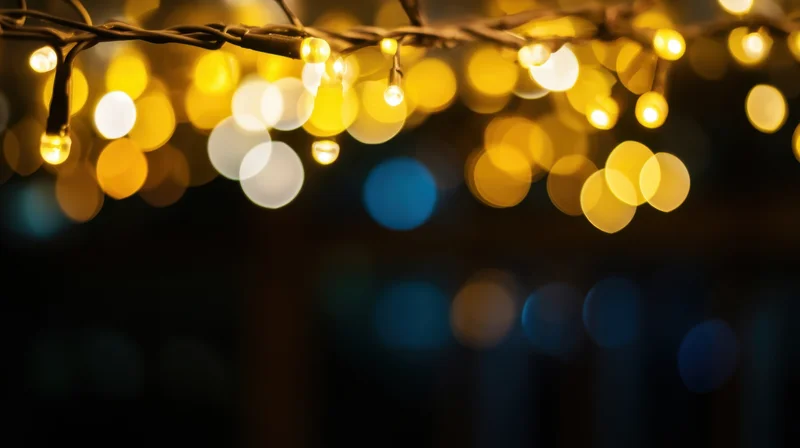 String lights glowing warmly in the dark with soft bokeh background
