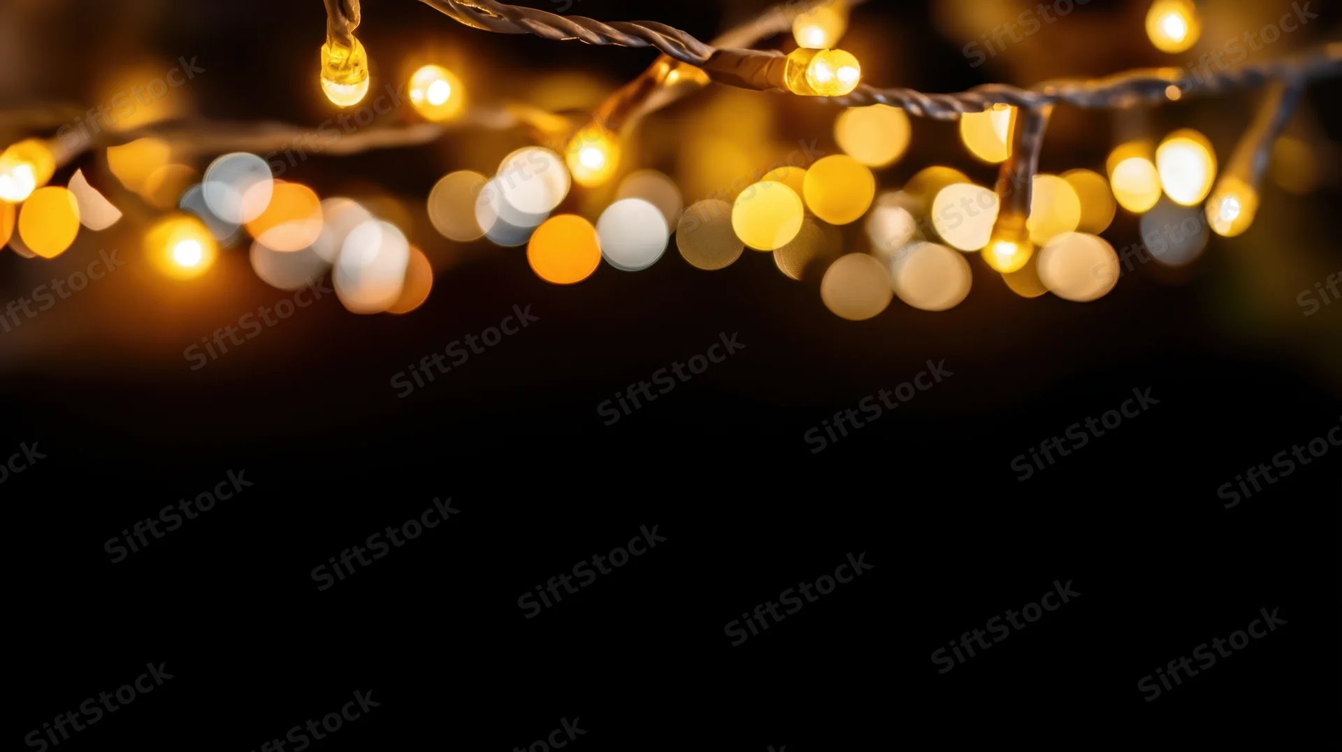 Decorative string lights glowing warmly against a dark background with bokeh effect and copyspace below
