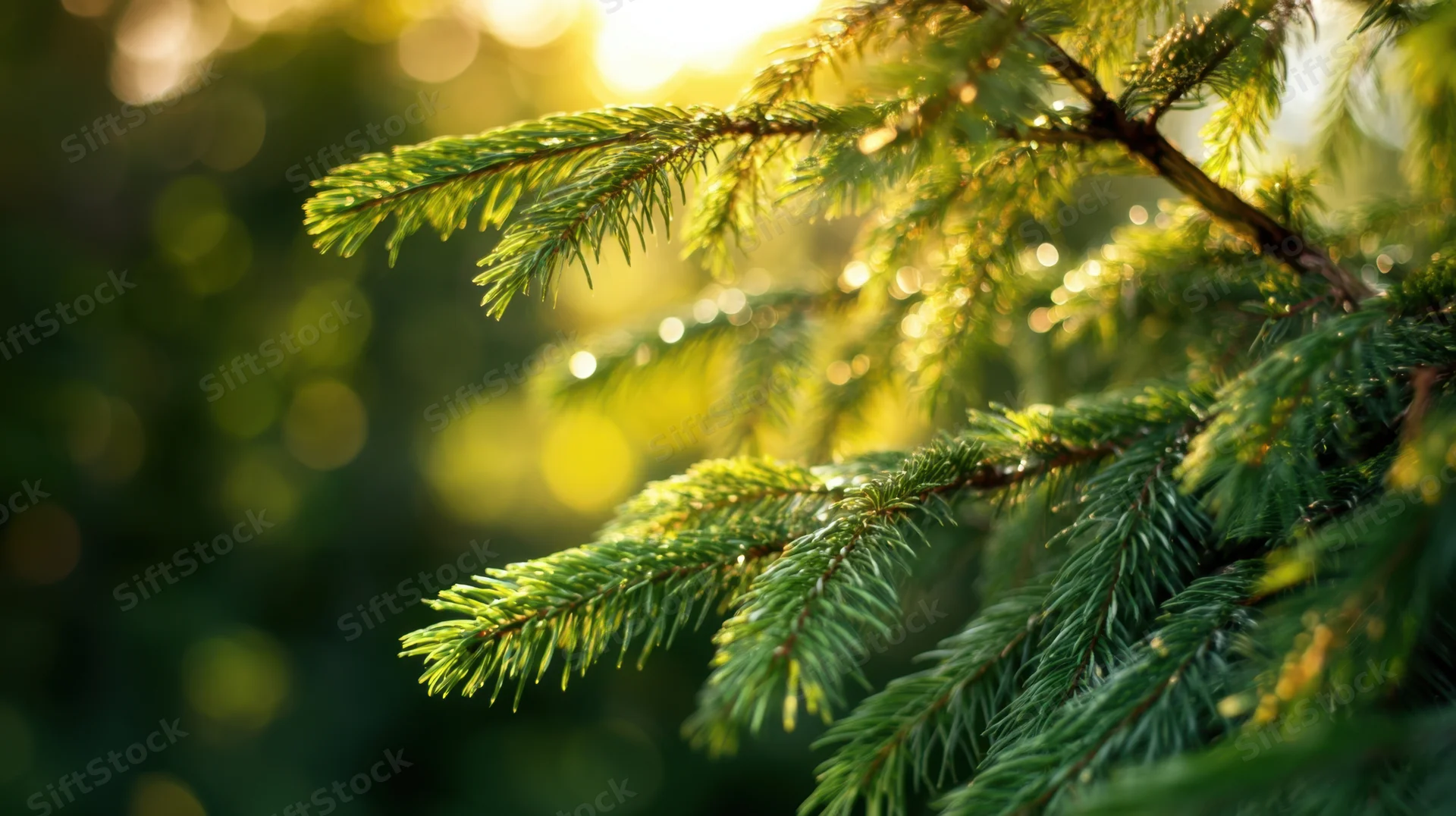 Evergreen tree branches with golden bokeh lights in natural outdoor setting
