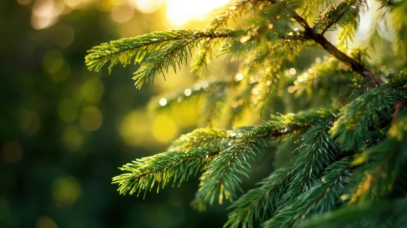 Evergreen tree branches with golden bokeh lights in natural outdoor setting