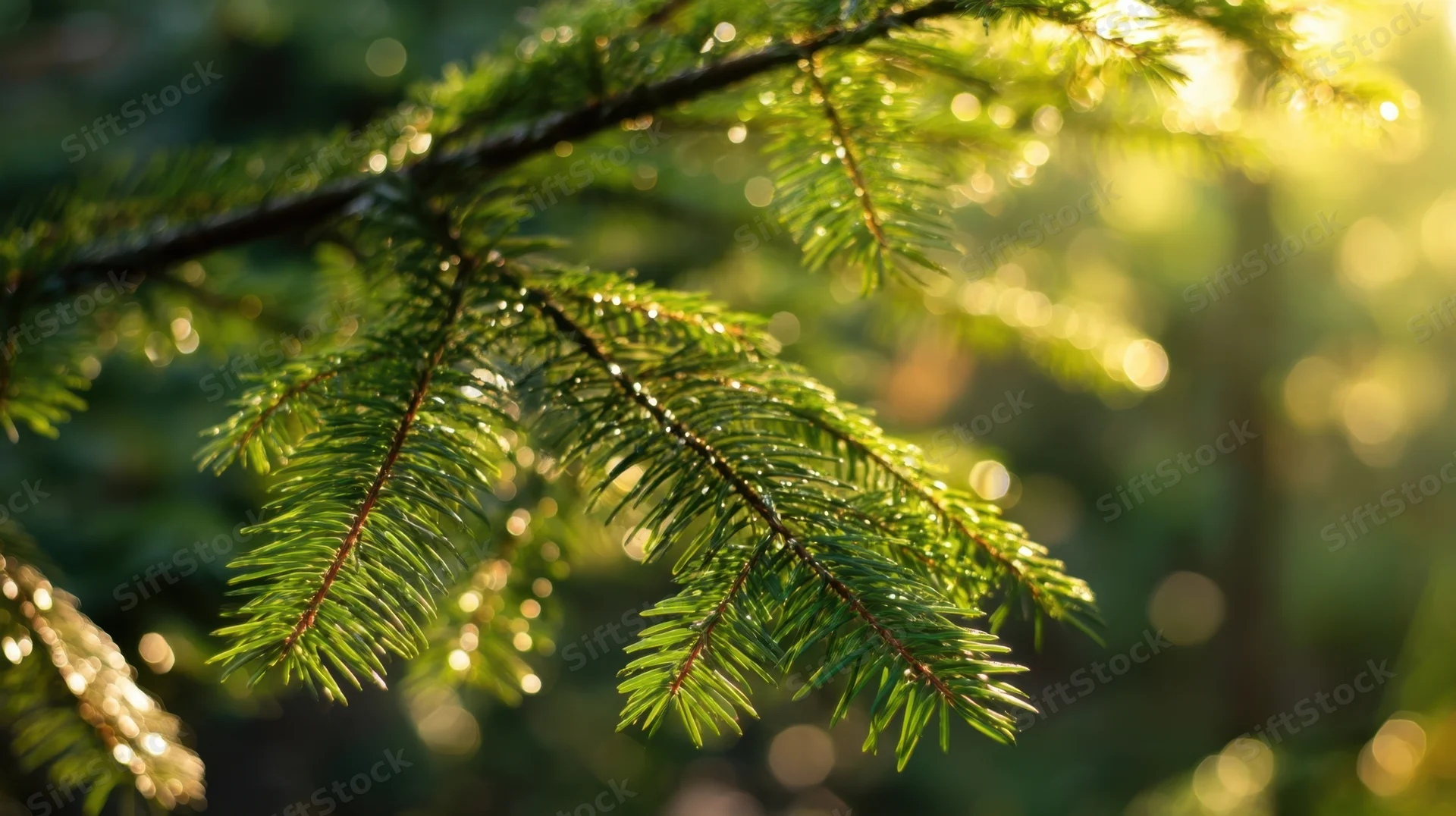 Evergreen tree branches with dew drops illuminated by golden sunlight in a forest setting