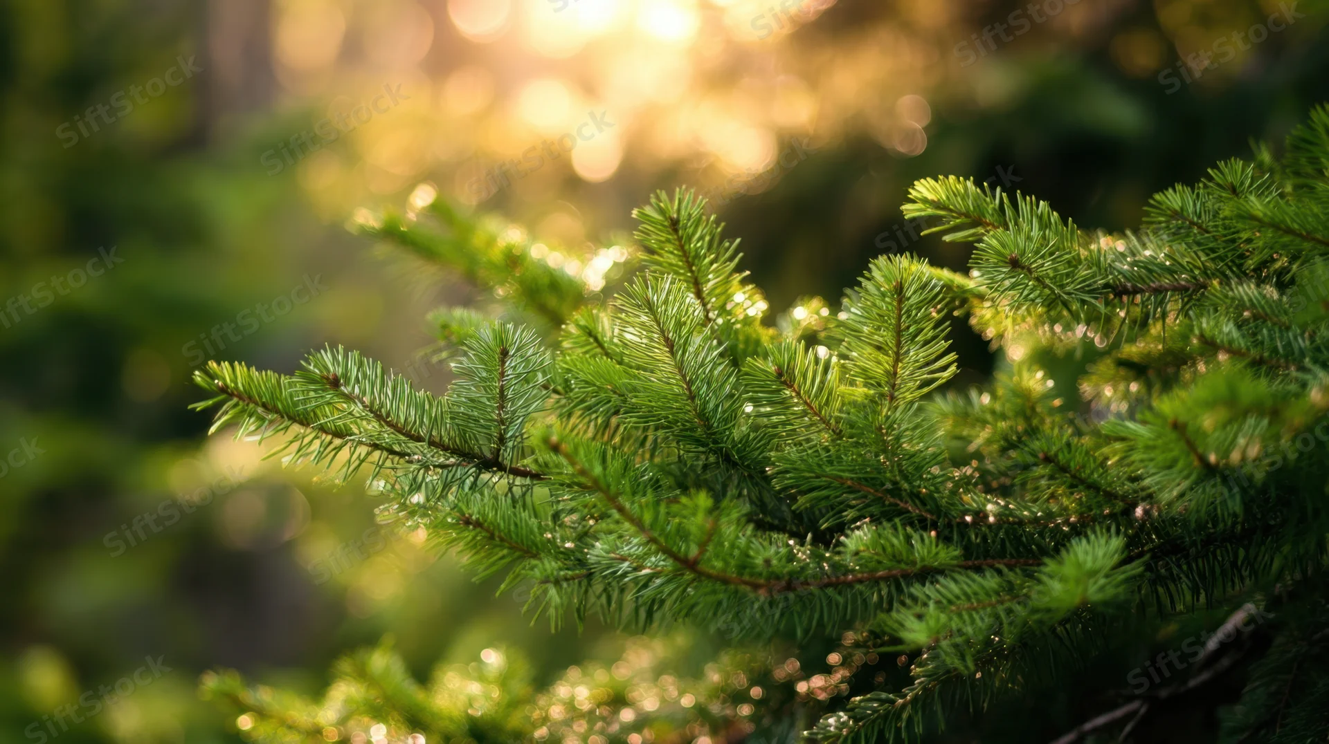 Evergreen tree branches with golden bokeh lights in a forest setting