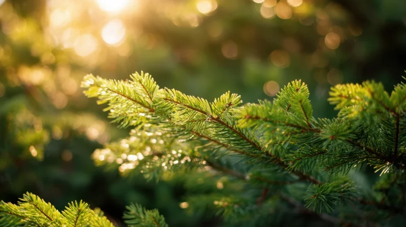 Evergreen tree branches with golden sunlight filtering through foliage in a forest setting