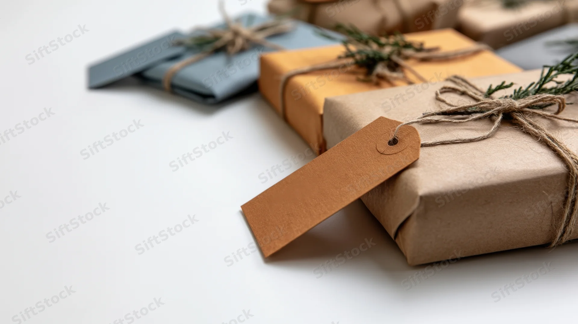 Wrapped gifts with twine and tags arranged on a white surface