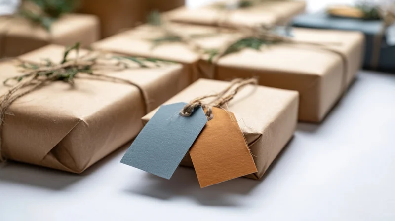 Neatly arranged gift packages wrapped in brown paper with twine and tags on a white surface