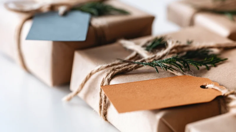 Wrapped gifts with twine and evergreen sprigs on a white surface