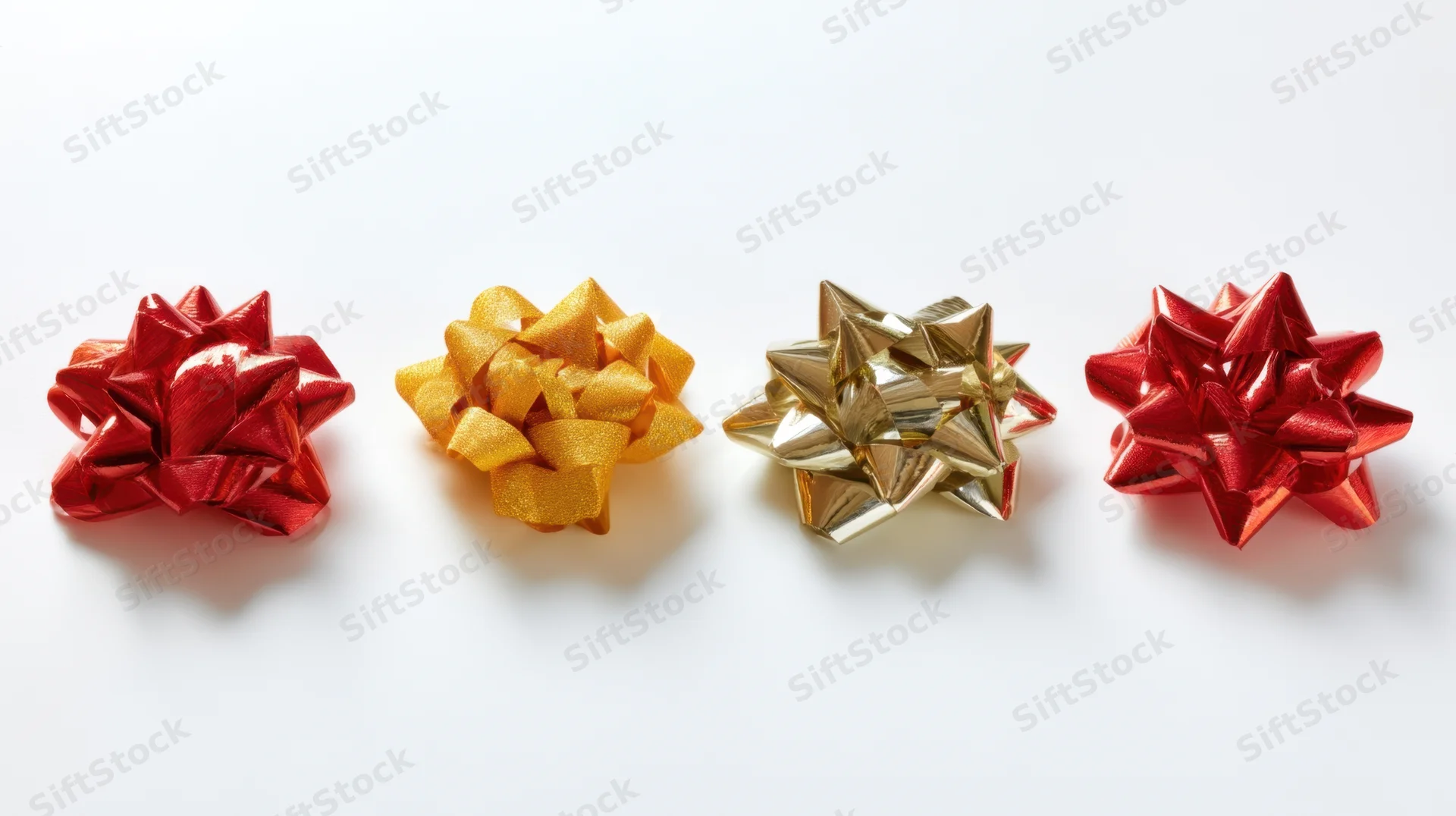 Four decorative gift bows in red and gold arranged in a row on white background