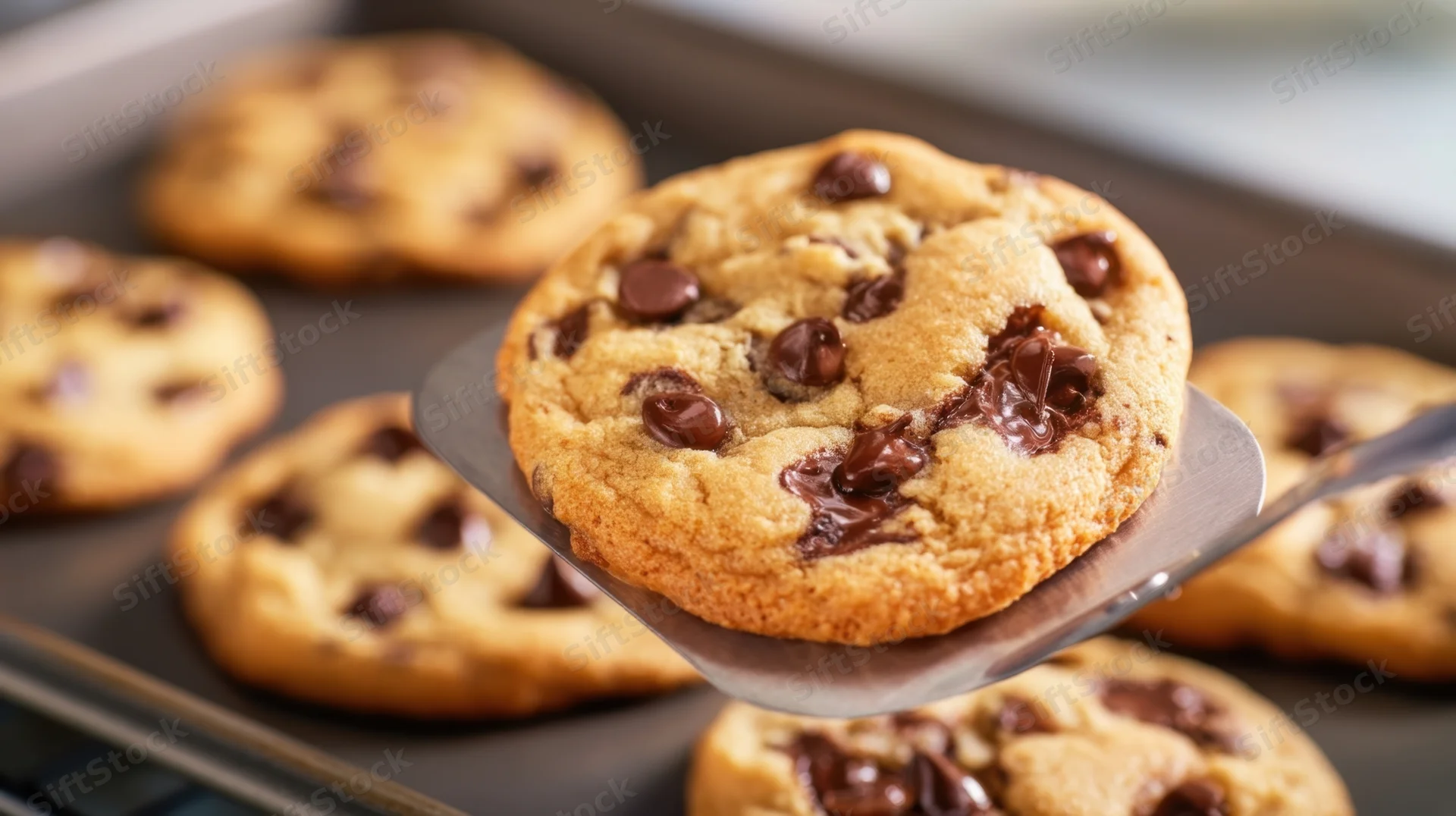 Freshly baked chocolate chip cookie being lifted with a spatula from a baking tray