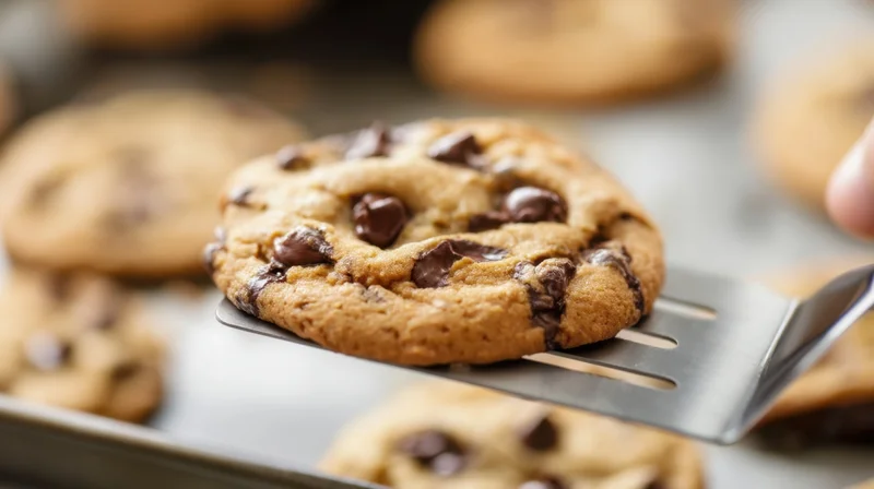 Chocolate chip cookie being lifted with spatula from baking tray
