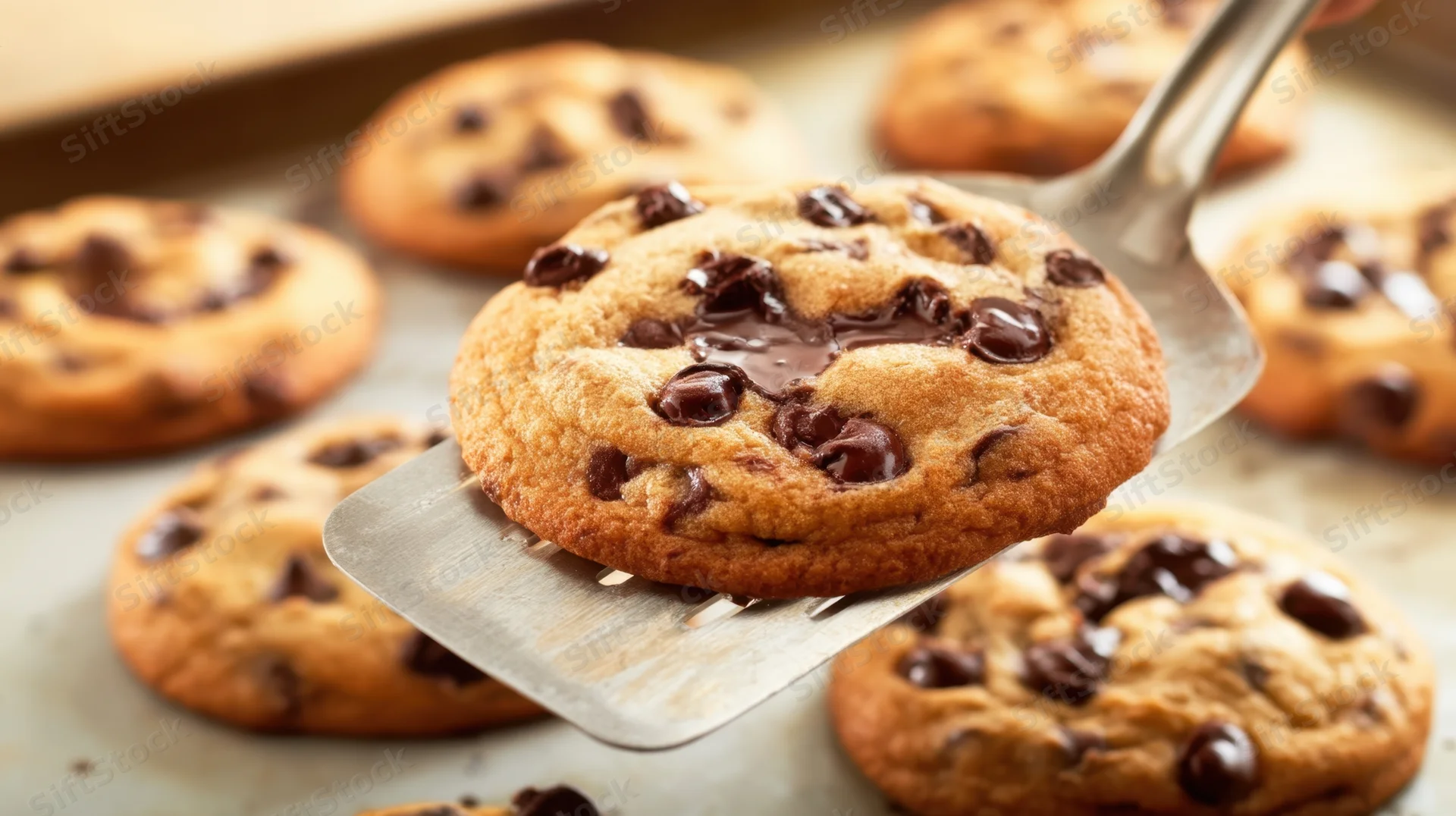 Chocolate chip cookie being lifted with spatula from baking tray