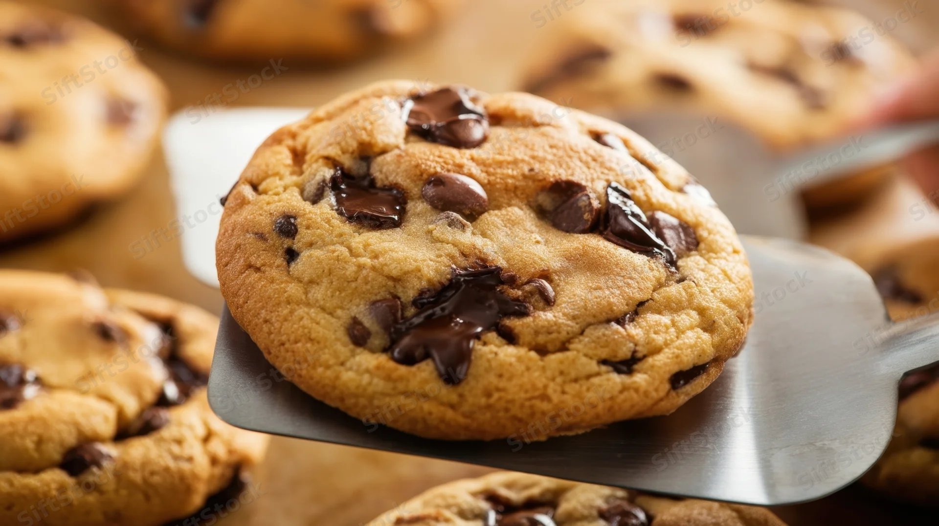 Freshly baked chocolate chip cookie being lifted with a metal spatula from a baking tray