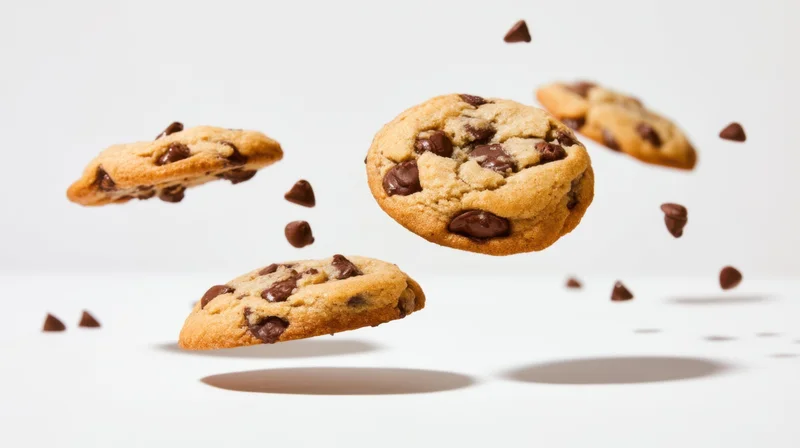Chocolate chip cookies suspended in midair against a white background