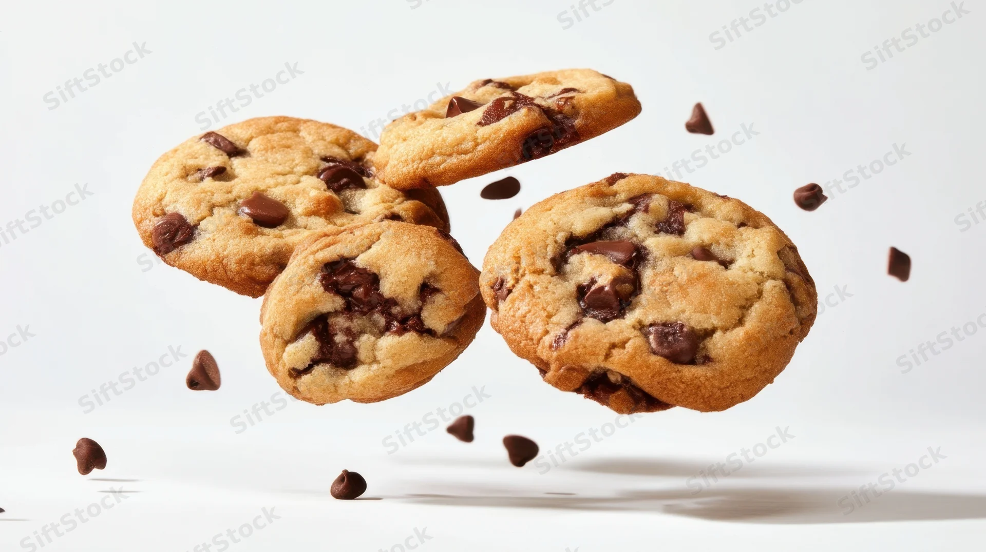 Chocolate chip cookies suspended in midair against a white background