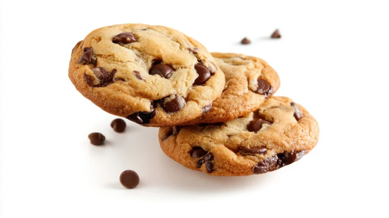 Chocolate chip cookies stacked and floating in midair against a white background