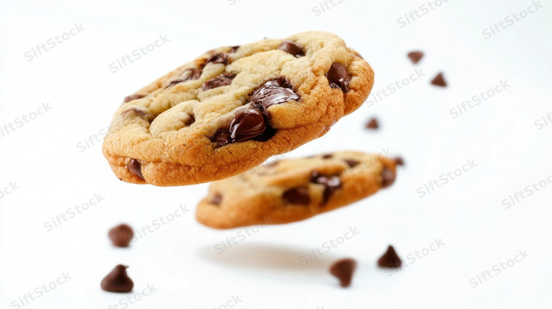 Chocolate chip cookies in midair against a white background