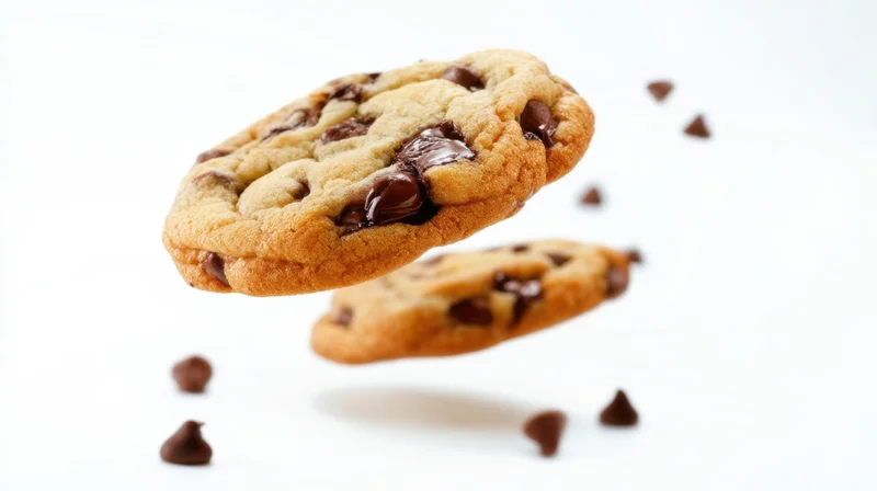 Chocolate chip cookies in midair against a white background