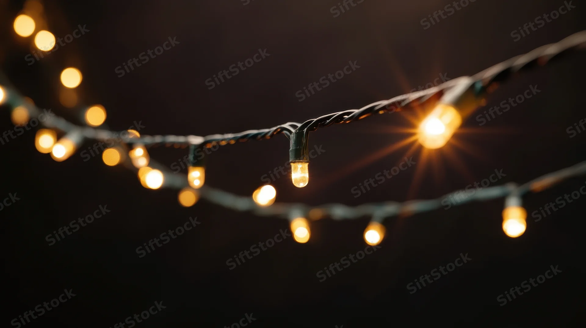 Glowing string lights suspended against a dark background