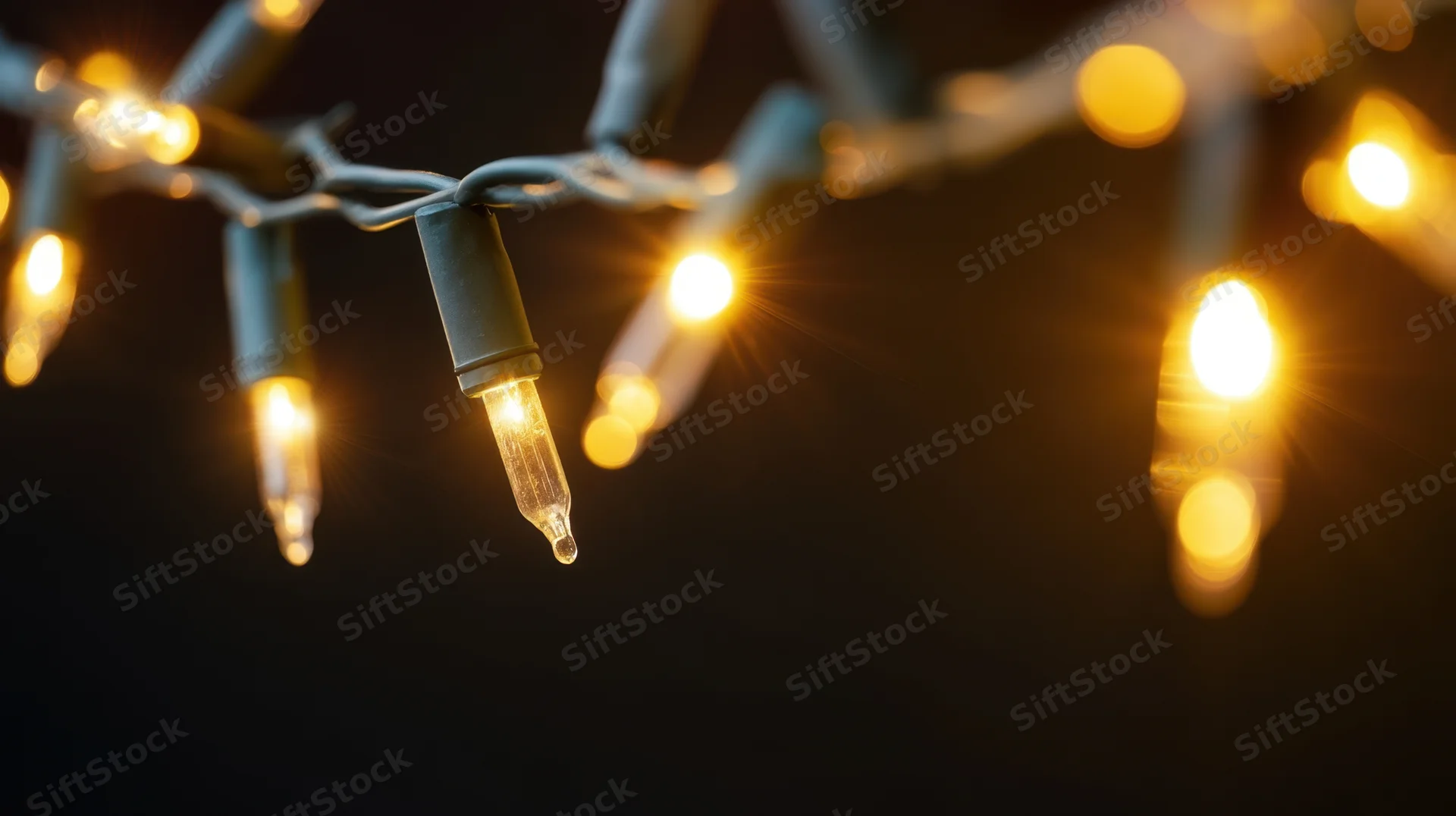 Glowing string lights suspended against a dark background with soft bokeh and warm illumination