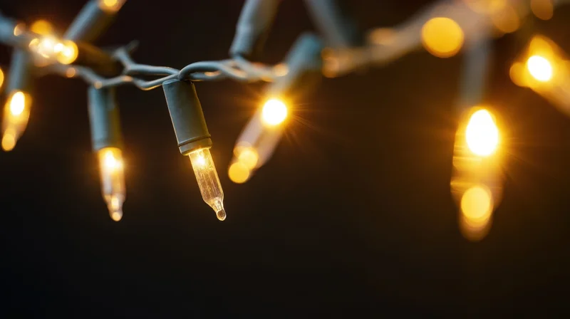 Glowing string lights suspended against a dark background with soft bokeh and warm illumination