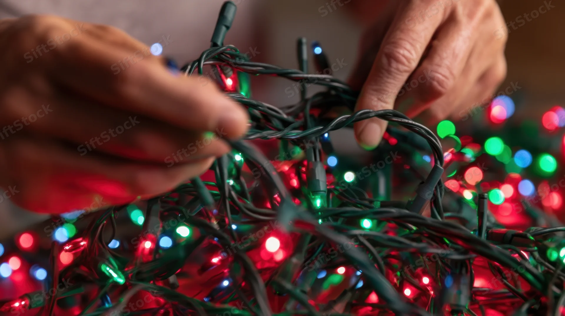 Hands untangling a tangled string of colorful christmas lights indoors