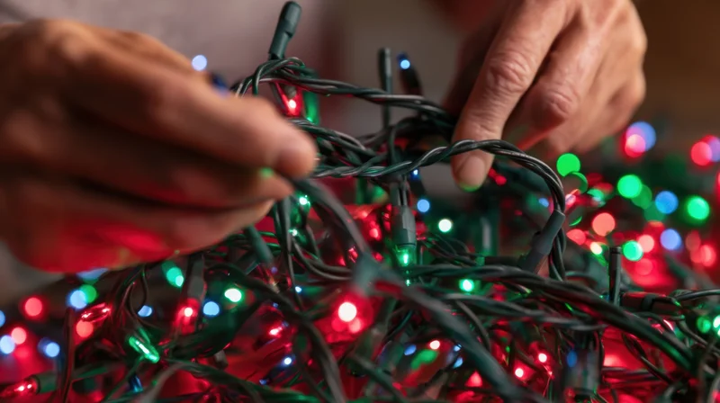 Hands untangling a tangled string of colorful christmas lights indoors