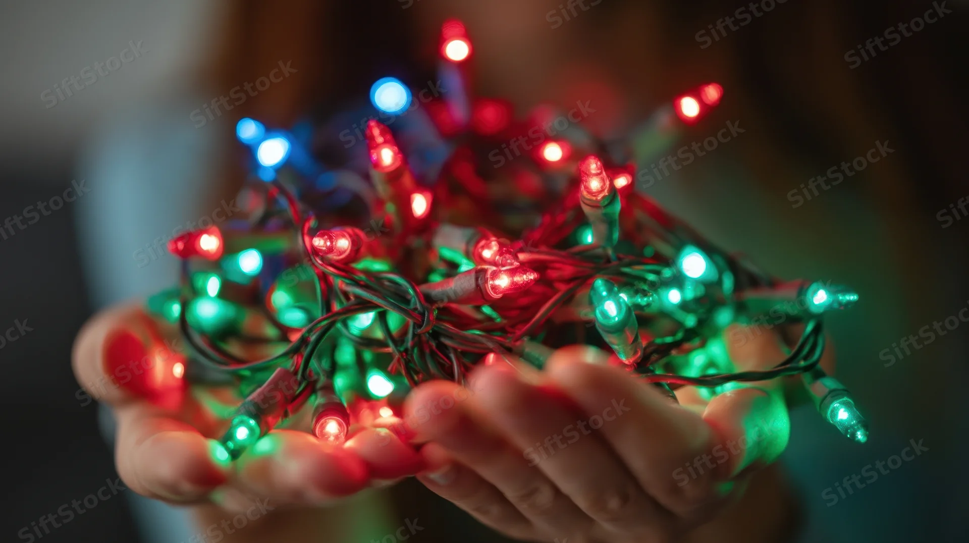 Hands holding tangled colorful christmas lights indoors
