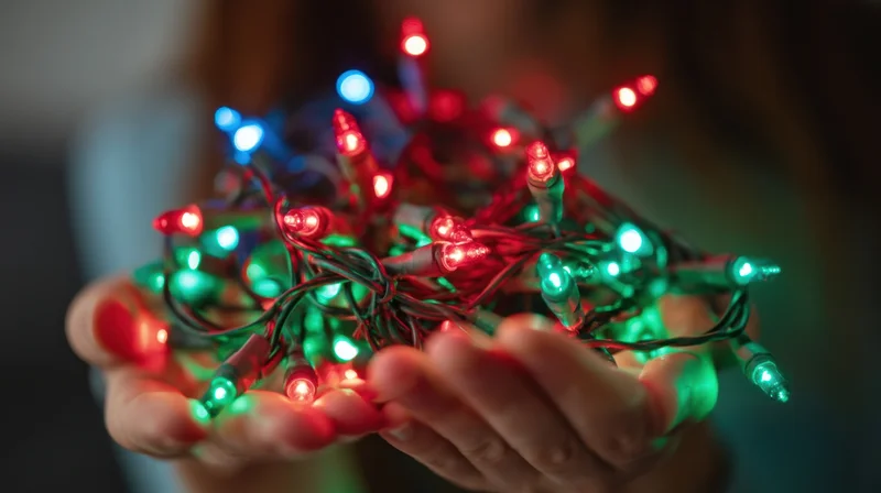 Hands holding tangled colorful christmas lights indoors