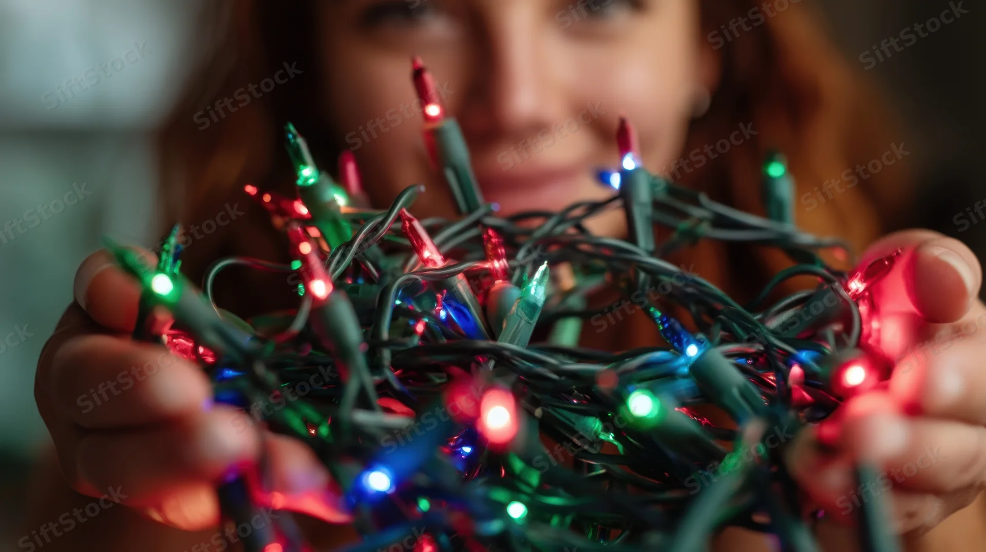 Woman holding tangled colorful christmas lights close to camera with blurred face in background