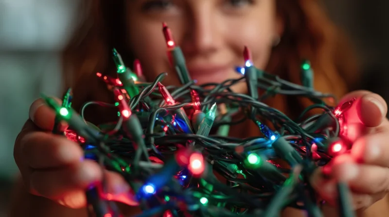 Woman holding tangled colorful christmas lights close to camera with blurred face in background
