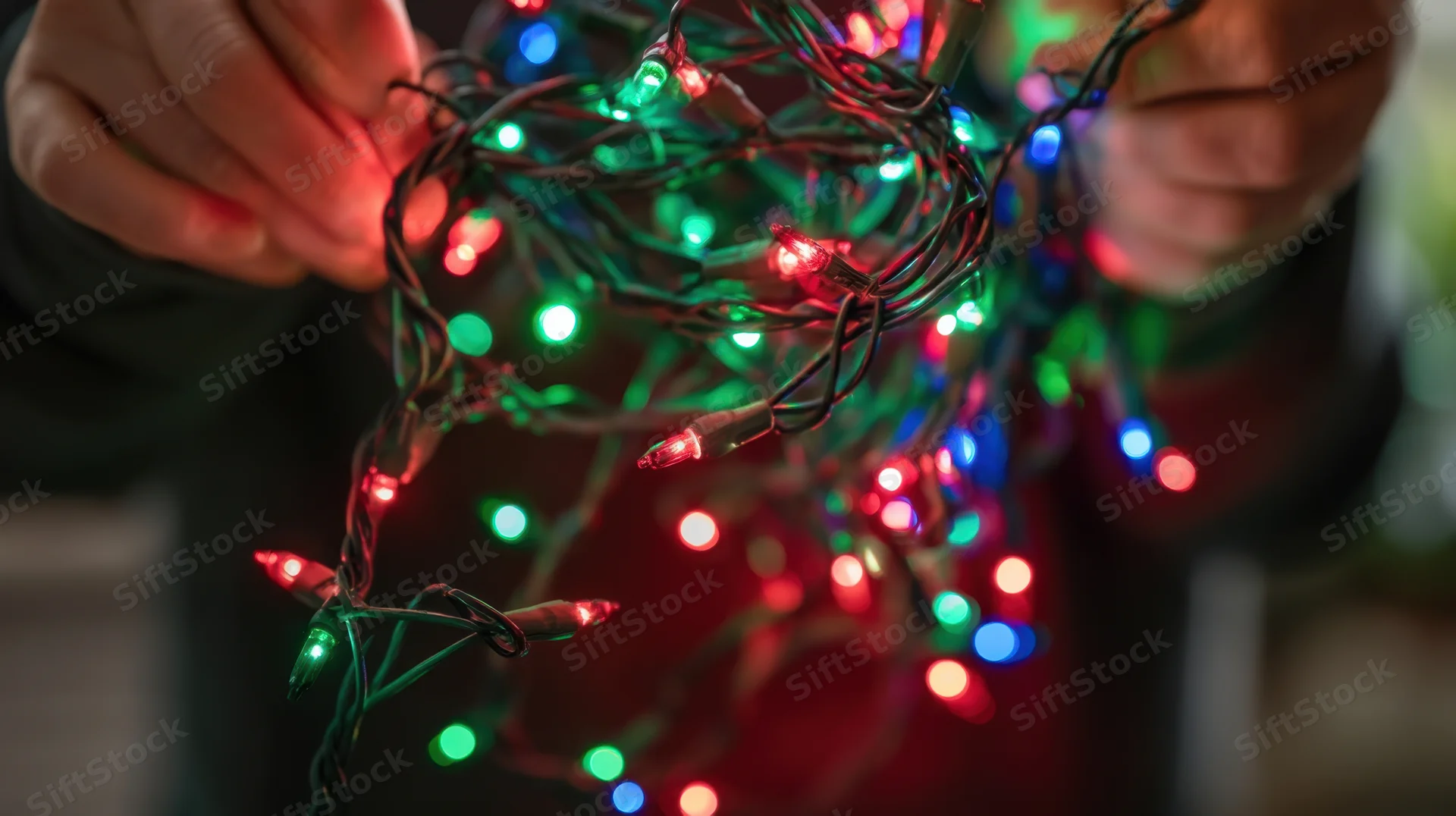 Hands untangling a string of colorful christmas lights indoors