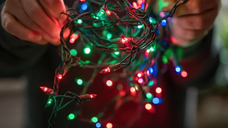 Hands untangling a string of colorful christmas lights indoors