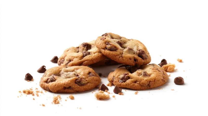 Chocolate chip cookies piled together with scattered crumbs and chocolate chips on white background