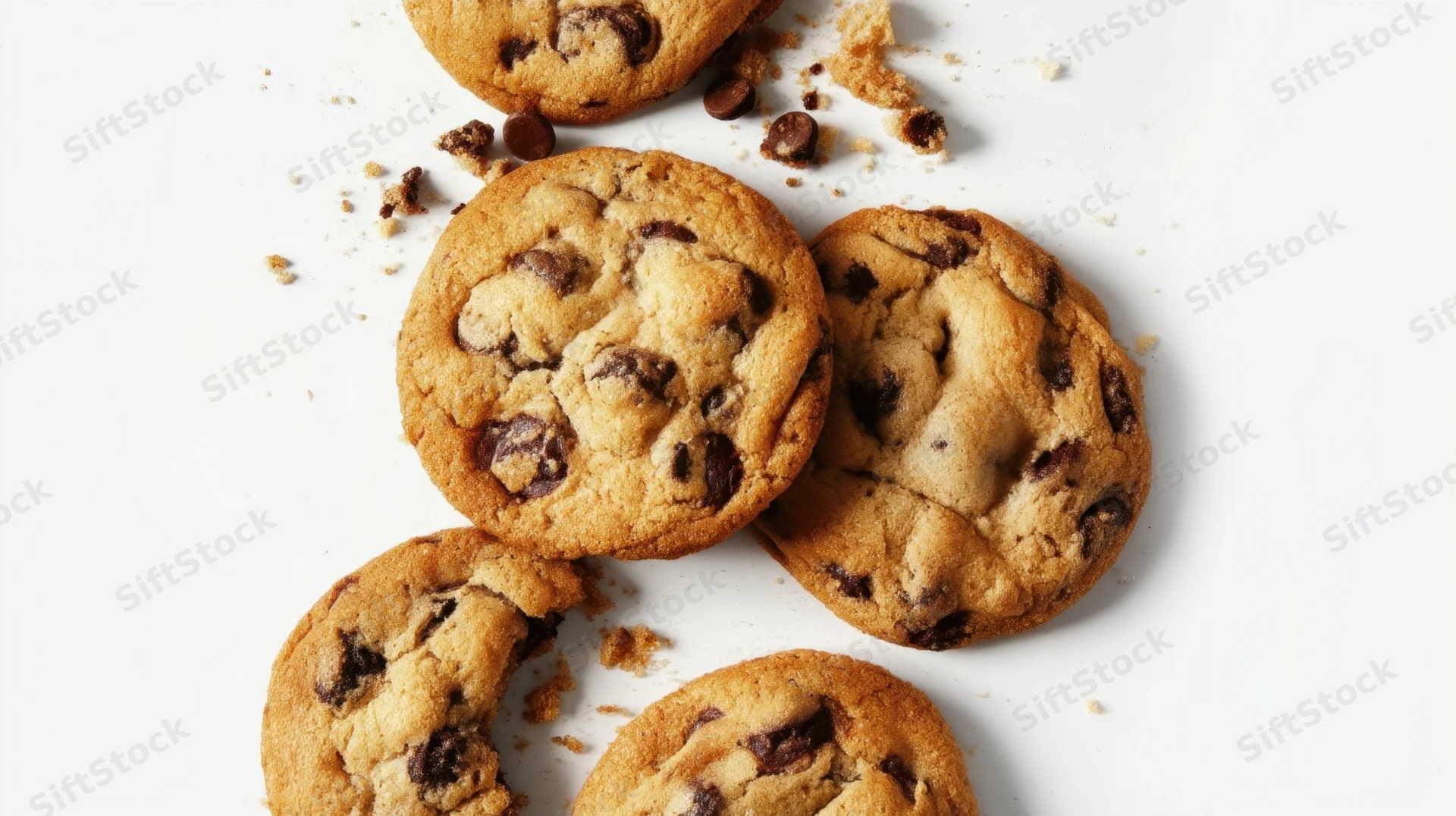 Chocolate chip cookies arranged on white surface with crumbs and broken piece