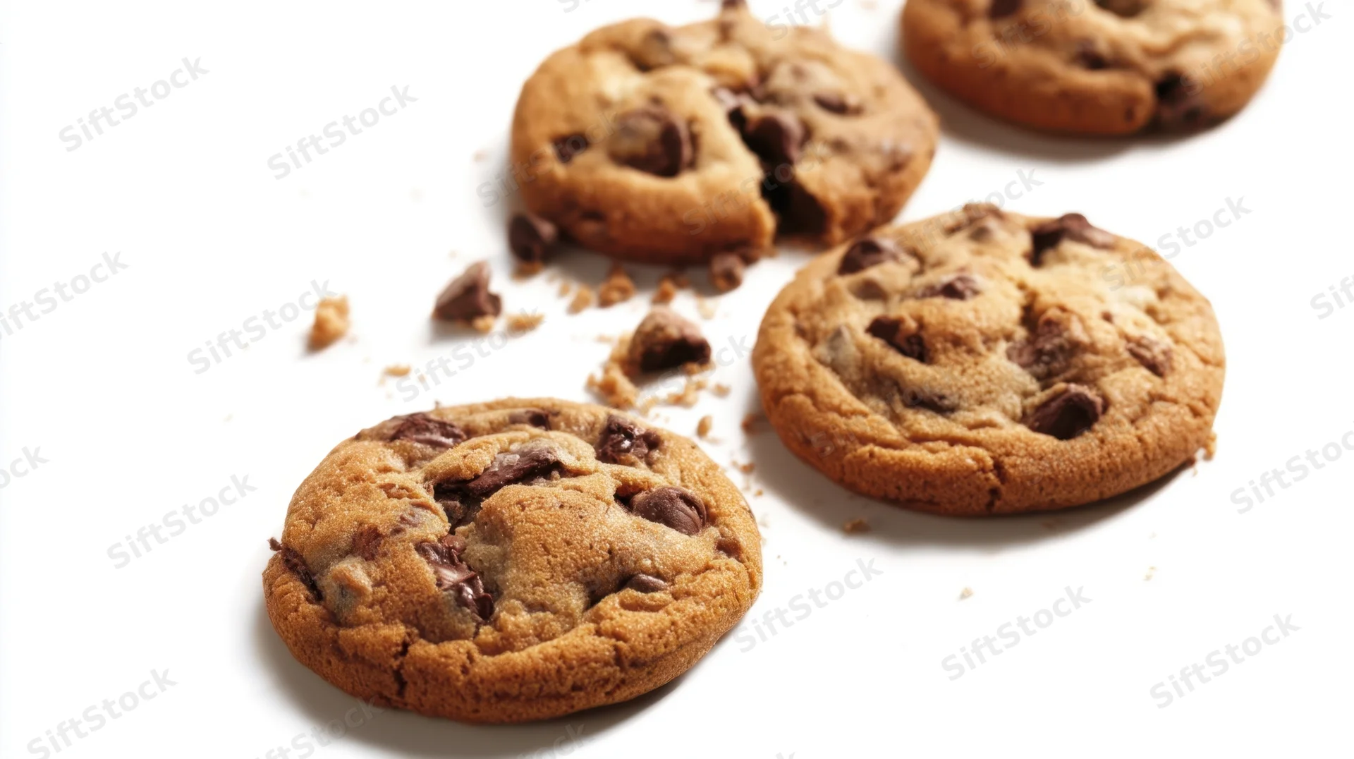 Chocolate chip cookies arranged on white surface with one broken and crumbs scattered