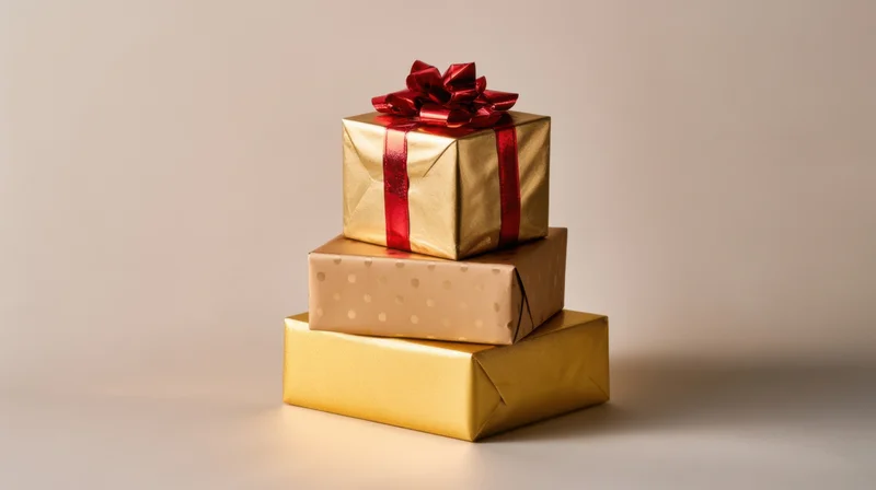 Three wrapped gift boxes stacked in a pyramid on a neutral surface