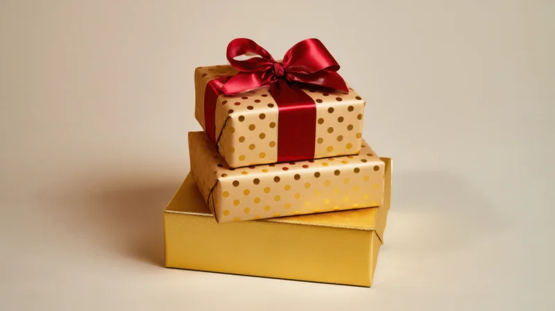 Three wrapped gift boxes stacked on a plain surface with red ribbon and gold polka dots