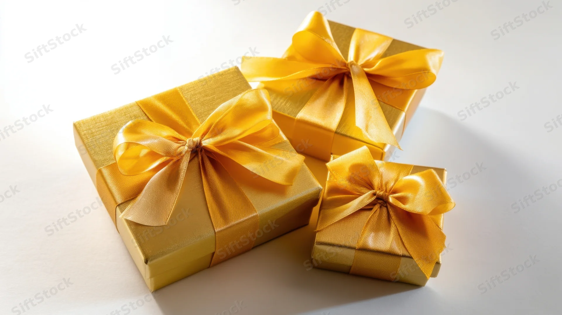 Three golden gift boxes wrapped with yellow satin ribbons and bows on a white surface