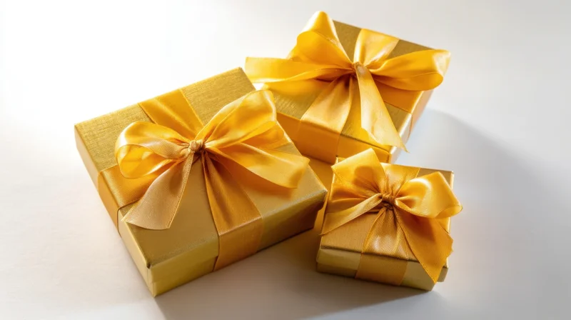 Three golden gift boxes wrapped with yellow satin ribbons and bows on a white surface
