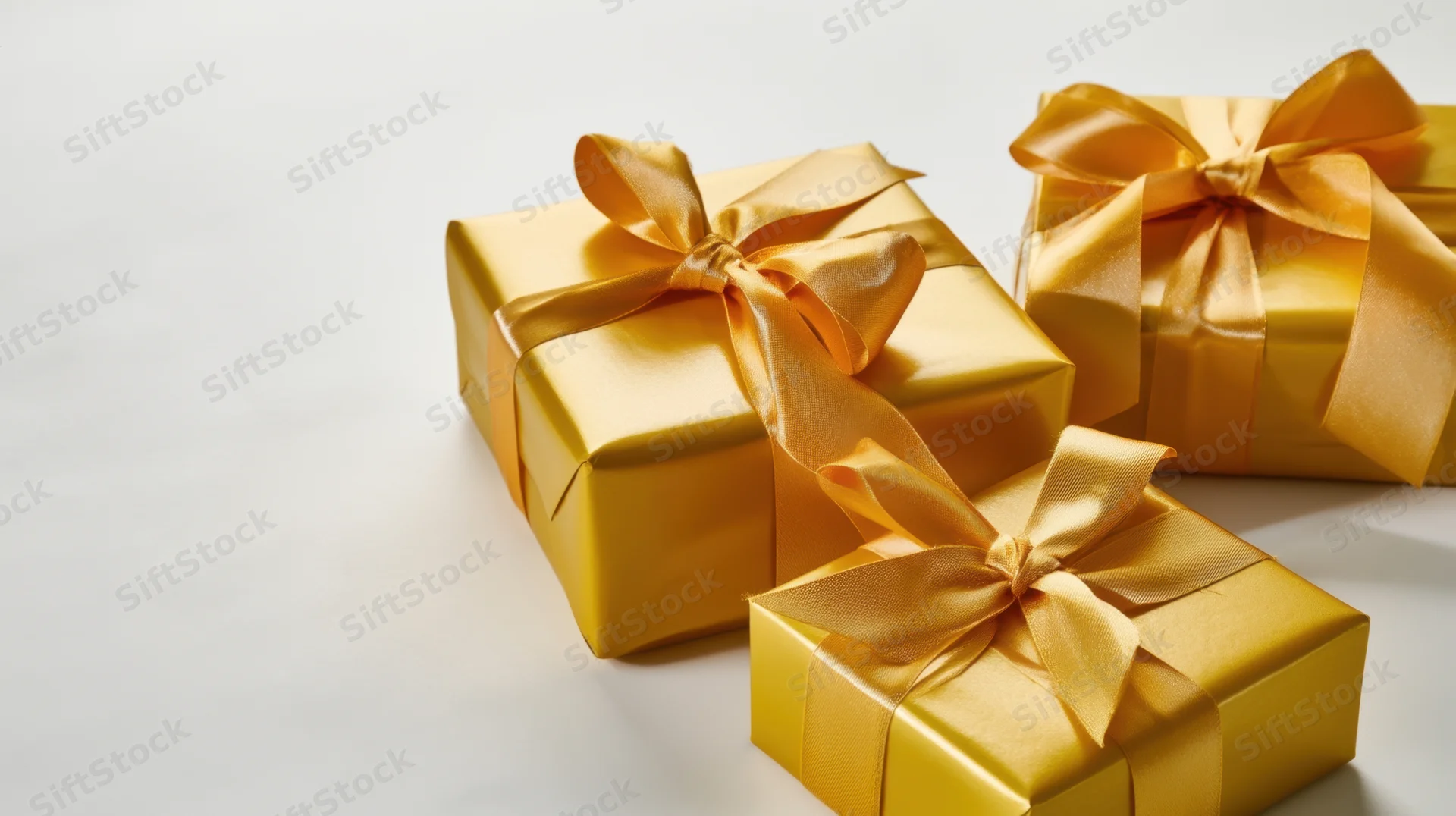 Three golden gift boxes wrapped with satin ribbons and bows on a white surface