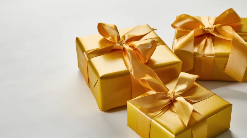 Three golden gift boxes wrapped with satin ribbons and bows on a white surface