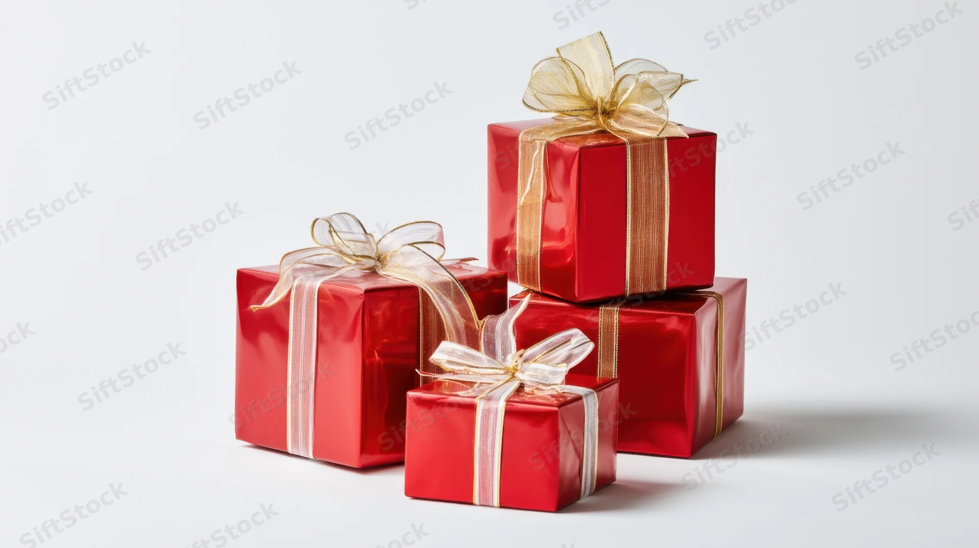 Four red gift boxes wrapped in shiny paper with gold and white ribbons arranged in a cluster on a white surface