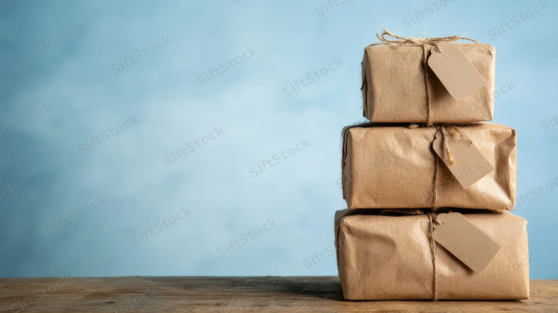 Three wrapped gift boxes stacked on a wooden table against a blue background