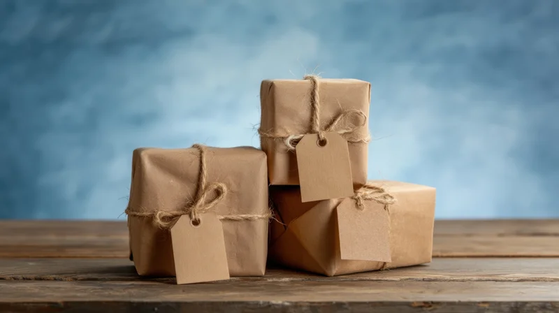 Three wrapped gift boxes with tags on a wooden table against a blue background
