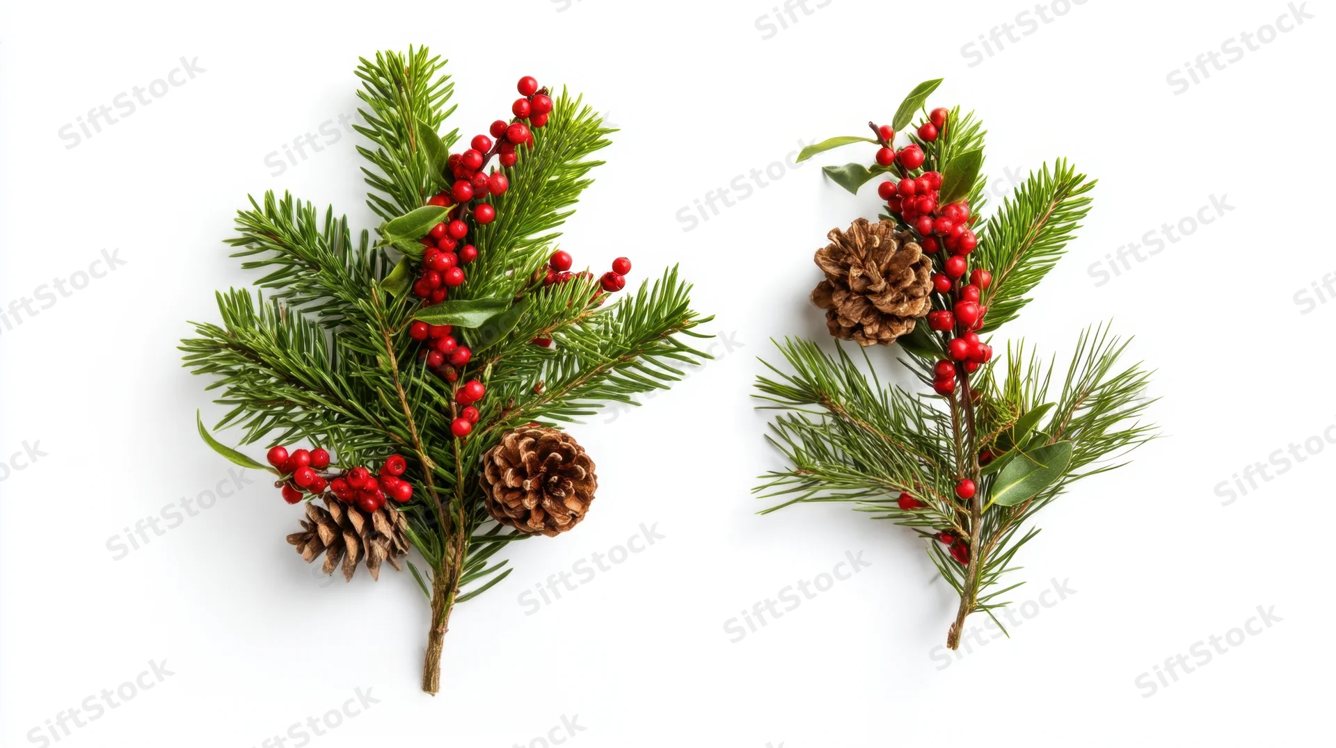 Two pine and holly branch arrangements with red berries and pinecones on white background