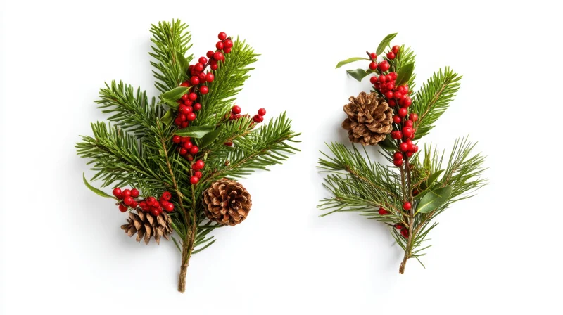Two pine and holly branch arrangements with red berries and pinecones on white background